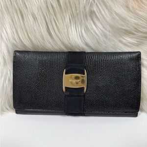 Authentic Salvatore Ferragamo Black Textured Wallet with Gold Accent